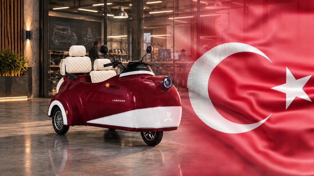 Lampago bordeaux dans l'atelier du constructeur turc, drapeau de la Turquie en arrière-plan